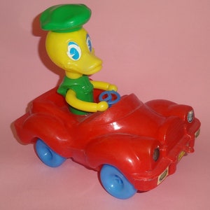OLD DONALD DUCK in Big Car Greek Toys Greece 1980&#39;s, Old Red Green Plastic Kids&#39; Donald Duck in Car, Walt Disney Figurine in Toy Car 11&quot;x7&quot;