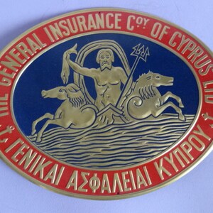 Vtg CYPRUS TIN SIGN The General Insurance Of Cyprus Sign 1960&#39;s, Genikai Asfaleiai Kyprou Metal Sign, Cypriot Insurances Tin Metal Sign