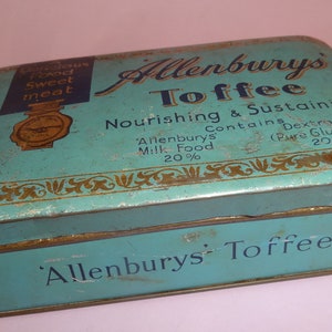 Vtg Original ALLENBURYS TOFFEE TIN Litho Box, Allen & Hanburys London England 1960&#39;s Tin Litho Case Box, Confection Sweets Antique Metal Box