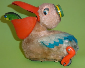 Vtg MOVING PELICAN w/ FISH in Beak Battery Op Toy, Japan Tin Mohair Pelican Toy 1960's, Rare Japanese Easter Animal Toys, Rolling Duck Toy