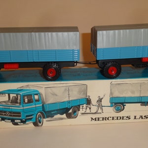 Vtg MERCEDES Cko KELLERMANN LASTZUG N.431A Caminhão com reboque de carro de brinquedo encaixotado W. Alemanha, Kids Blue Diecast Mercedes Gift Toy Truck Mint 1970&#39;s