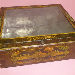Vtg STOLLWERCK CHOCOLATES GERMANY Candy Biscuit Tin Advertising Box 1900s, Chocolates Sweet Tin Chest Container, Old Tin Metal Chokolate Box