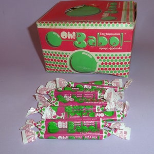 GREECE CHEWING GUMS Oh! Babol Strawberry Pack w/ 100 Pcs 1980&#39;s, Greek Chewing Gums Mint in Box, Old Collectible Chewing Gums Candies Boxed