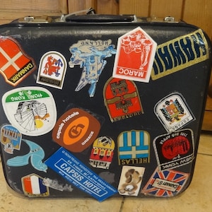 Vtg SUITCASE Shabby Chic w/LABELS, Old Blue-Black Luggage w/ Labels, Collectible Vacation Bag 1970&#39;s, Bag Store Shop Decor Suitcase 39x36cm