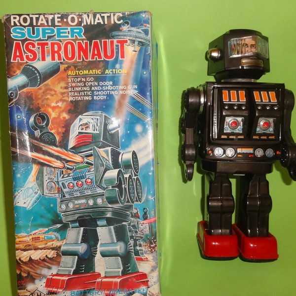 Vtg HORIKAWA SUPER ASTRONAUT Rotate-O-Matic Roboter Japan 60er Jahre, japanisches Weltraumspielzeug Zinn-Metall-Batterie Op. Roboter in Original-Box 1960er Jahre