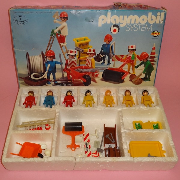 Vtg PLAYMOBIL SYSTEM 3400 LYRA 7 Clicky Construction Works Figures & Equipment in Original Box 1976, Rare Old Playmobil Lyra Greece 1970's