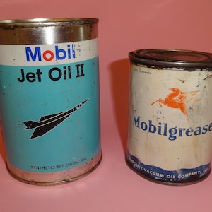 Vtg USA MOBIL JET Öl & Mobilgrease 2 Zinn Heizöldosen, Alte Automotor Öldosen, Gas Giconine Petrol Station TinCan Behälter 1970er Jahre