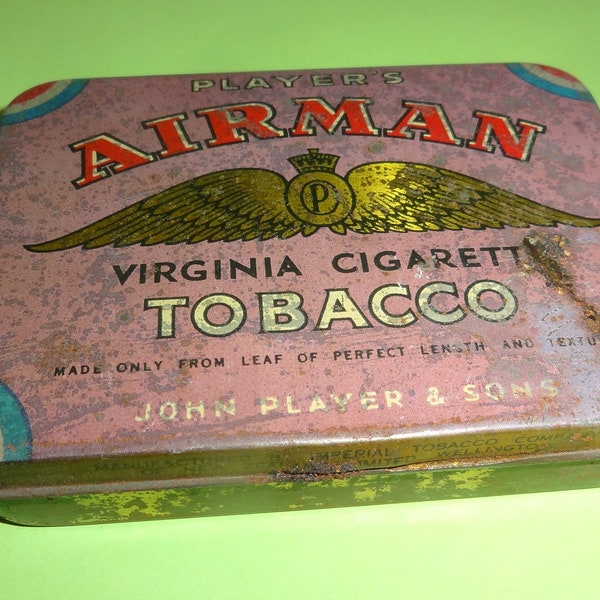 Antique AIRMAN VIRGINIA CIGARETTES Tobacco Tin Metal Cigar Box Case 1900's, Old Greek Tin Metal Litho Tobacco Cigar Store Shop Box 1900's