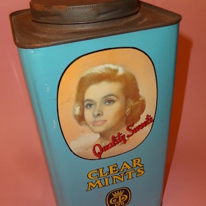 Vtg GREECE CUPRUS Nicosia &#39;Clear MInts Quality Sweets&#39; 1960&#39;s Tin Litho Sweet Can Box, Confection Sweets Candies Antique Big Tin Metal Box