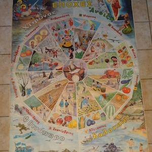 Vtg SCHULKARTE Griechisch 4 Jahreszeiten Große Wandbehang Poster Karte 1960er Jahre, Griechisch Geographie Religion Geschichte Griechisch Zoll Kultur Karte 75x54"