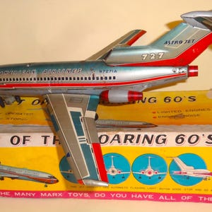Vtg JET Of THE SOARING 1960&#39;s Tin Litho Airplane Boxed by Marx Toys Japan 1960-70&#39;s, American Airlines Tin Plane N727 Aeroplane For Parts