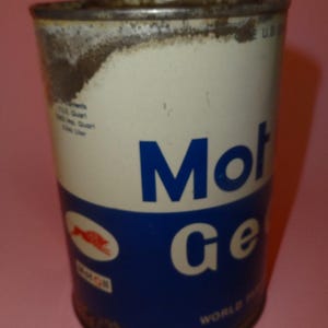 Vtg MOT OIL GEAR Schmiermittel Dose Metall Heizöl Dose, alte Mot Oil Automobile Motoröldose, Tankstelle Gazolin Petrol TinCan Behälter 1970er Jahre