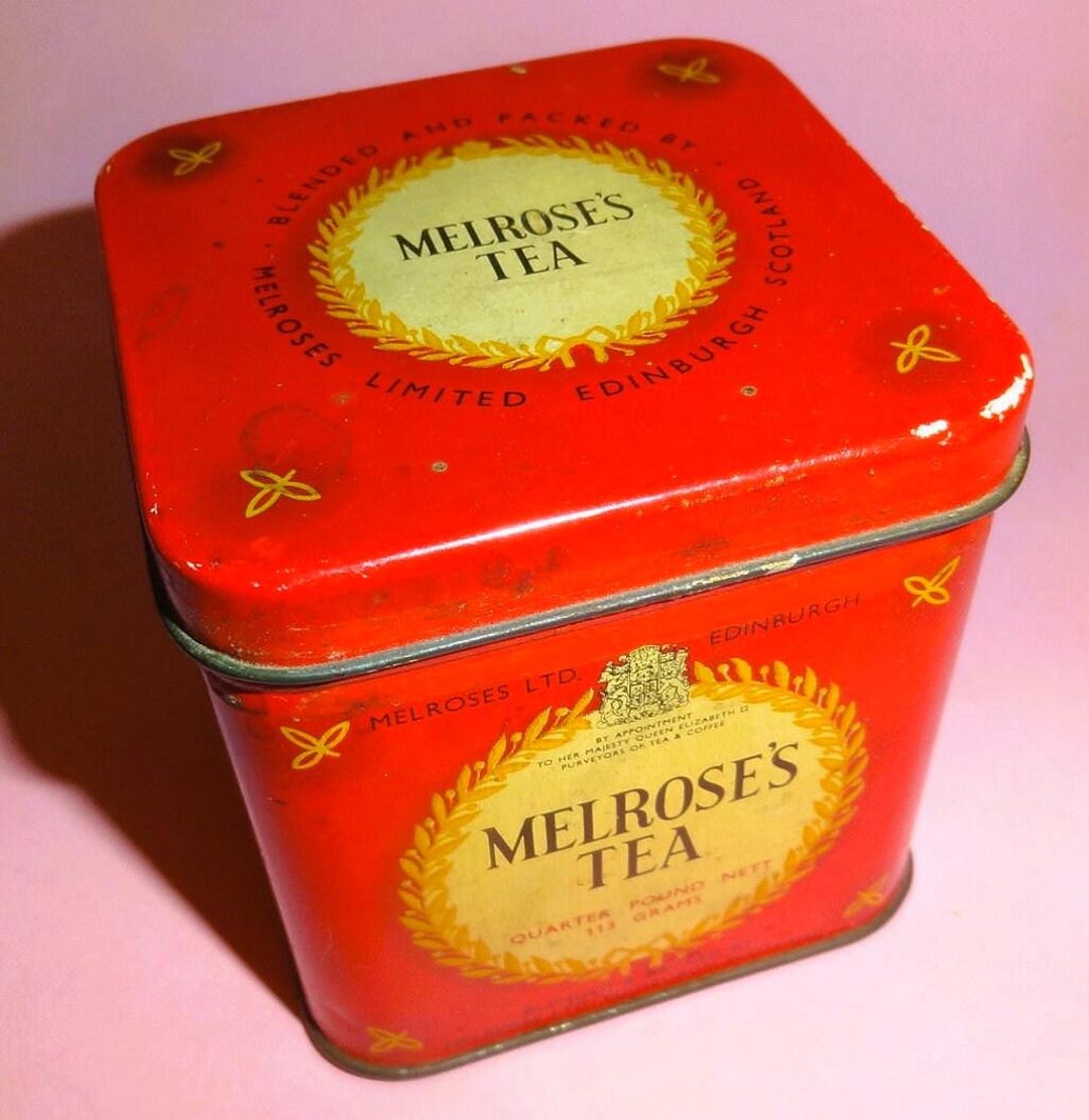 MELROSE'S TEA CAN Tin Advertising Box Edinburgh Scotland 1950's