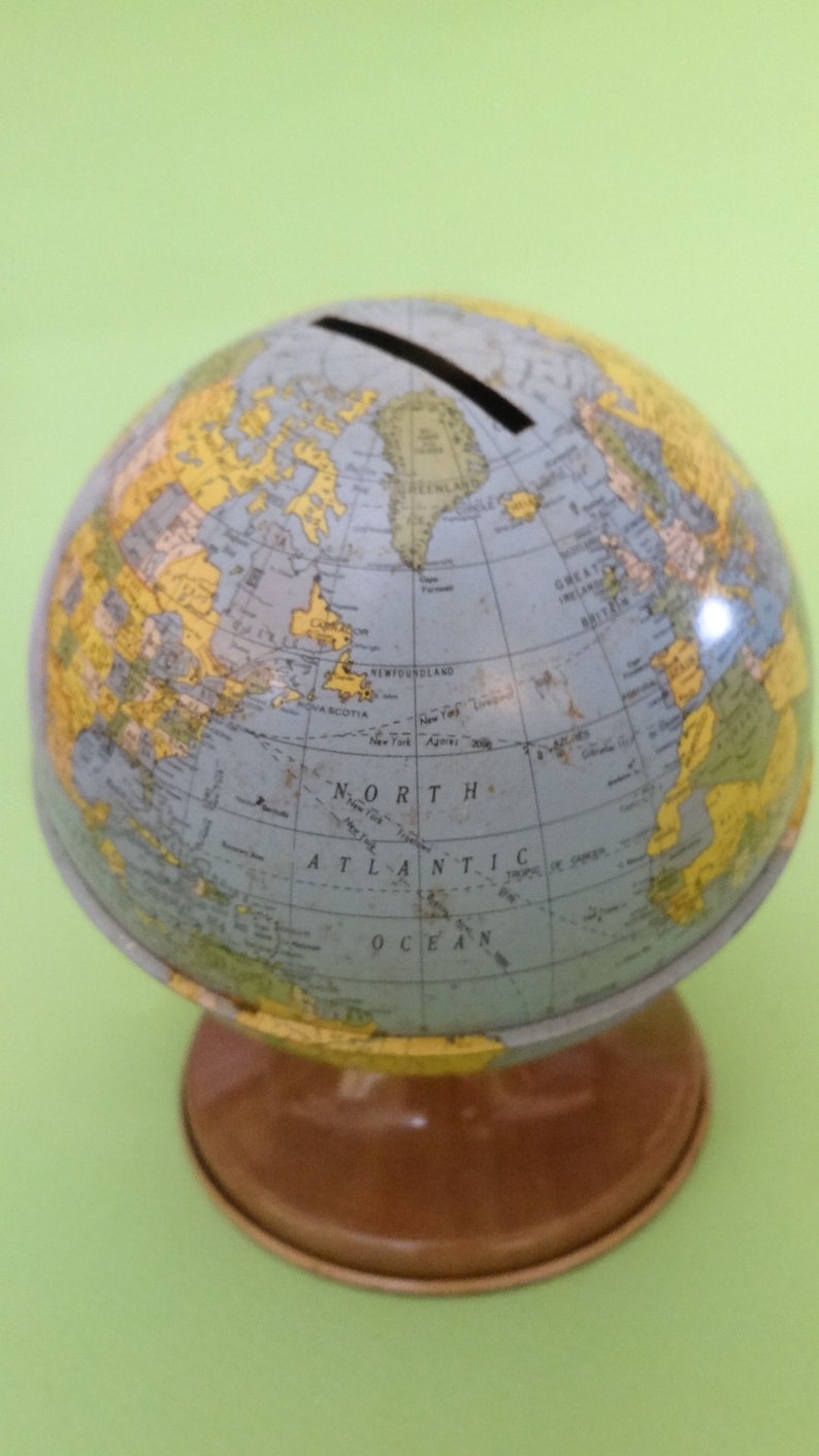 Vtg WORLD GLOBE MINIATURE Piggy Box 1960's Old Tin Earth Etsy