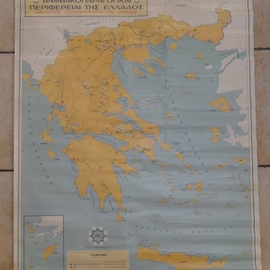 Vtg GREEK COTTON PRODUCTION Map Greece 1950-60's, Big Greek Cotton Regional Wall Hanging Map 26"x34", Greece Cotton Production Tapestry Map