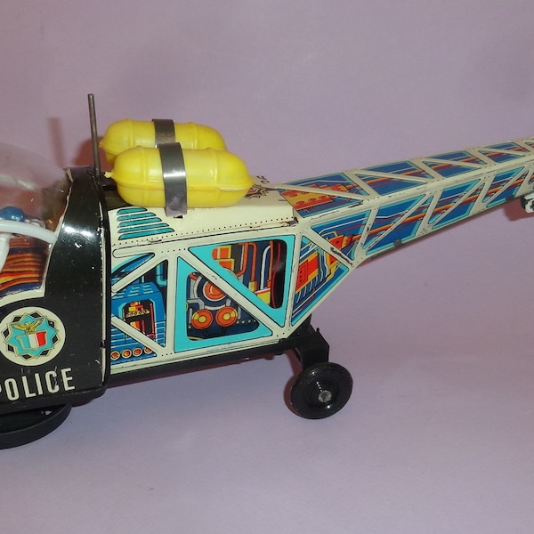 Vtg POLICE PATROL HELICOPTER Tin Litho B/O Greek Lyra Greece 1970s, Old Tin Helicopter, Kids Toy Store Old Police Helicopter Toy Gift 16"x5"