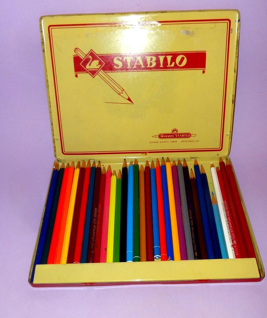 Vintage SWAN STABILO Tin Litho Case W/33 Colored Pencils Germany