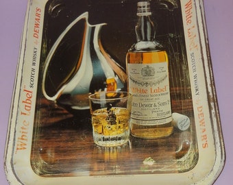Old WHITE LABEL DEWAR'S Advertising Serving Tray Sign, Scotch Whisky Tin Metal Serving Tray, Pub Club Cafe Serving Tray, Spirits Tray Sign