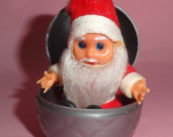 Vtg SANTA CLAUS EGG Miniature 1970's, Greek Santa Claus in Pine Silver Cone Egg, Baby Bean Santa Claus Doll, Old Christmas Santa Clause 70's