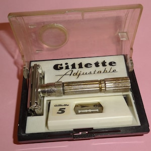 Vtg GILLETTE SAFETY RAZOR Fat Boy Adjustable Shaver Nickel w Blade Boxed U.S.A 1960s, Barbers Shop Men Shaving Razor, Old Manual Beard Razor