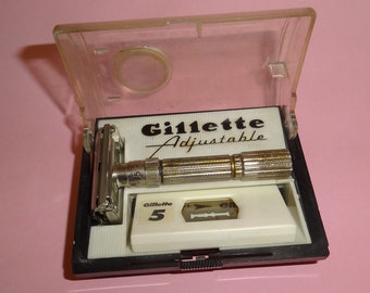 Vtg GILLETTE SAFETY RAZOR Fat Boy Adjustable Shaver Nickel w Blade Boxed U.S.A 1960s, Barbers Shop Men Shaving Razor, Old Manual Beard Razor