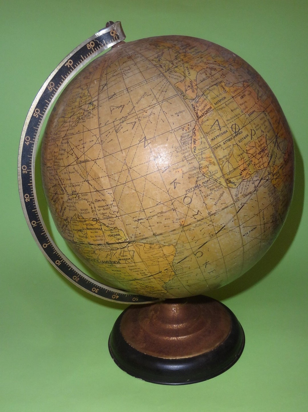 Vtg WORLD GLOBE EARTH Map, Old Greek Tin Metal Desktop Rotating Earth