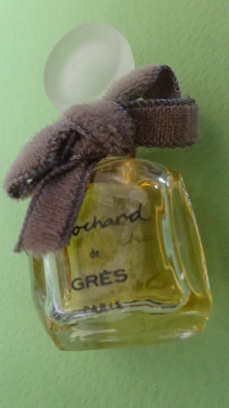 May include: A small, square perfume bottle with a frosted glass stopper and a brown velvet ribbon tied around the neck. The bottle contains a yellow liquid and has the words "Rochard de GRES PARIS" printed on it.