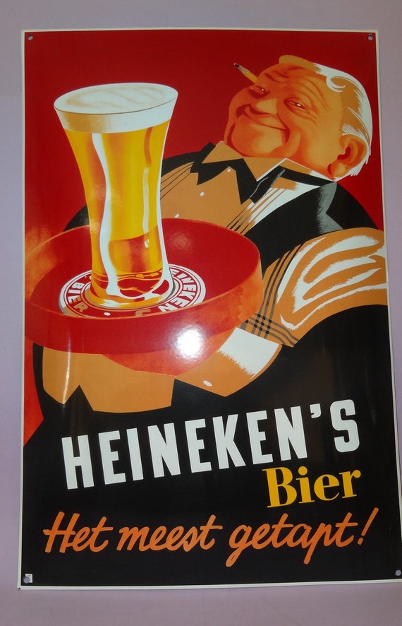 HEINEKEN BIER BEER Metal Enamel Advertising Sign 1990's, Holland