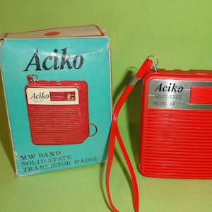 Vtg ACIKO MINIATUR TRANSISTOR Solid State A R-777 Taschenradio in Originalverpackung & Box 1970er Jahre, altes Sammlerstück Mini Transistor Radios