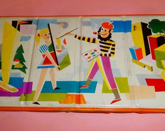VTG ANGORA REPUBLIK DEUTSCHLAND Zinn Litho Aquarelle Fall Box 1960er Jahre, Kinder Zeichnung Kunsthandwerk Zinn Litho Aquarell Fall Box mit Farben selten!