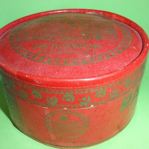 Vtg METOXIKON RAHAT-LOUCOUM Greckie pudełko na cukierki z lat 50., Grecja, Turcja Metohikon Pudełko na słodycze z cukierni, Stare czerwone pudełko na słodycze z tektury Lokoum
