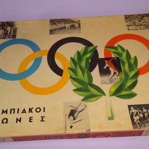 Vtg JUEGOS OLÍMPICOS Juego de mesa Litho Hardboard Grecia 1960, Juegos Olímpicos griegos Juego de mesa para niños con atletas Dados y cartas, Juego de Juegos Olímpicos