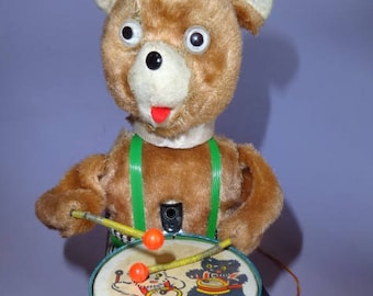 Vtg DRUMMING BEAR WORKS Tin Toy Japan 1960s, Japanese Drumming Bear w Remote Control by Alps, Moving Animal Bear Tin Toy, Plush Bear w/ Drum