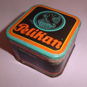 Vtg GERMAN PELIKAN TIN Metal Litho Box w Document, Gunther Wagner Office Art Equipment Letter Writing Calligraphy, Pelikan Tin Box 1950&#39;s
