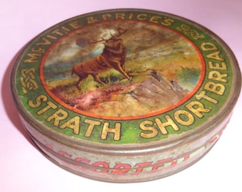 Rare 'Mc VITIE & PRICE'S Strath Shortbread Biscuit Tin Advertising Can Box Edinburgh London 1900's, England Big Litho Grocery Container Box