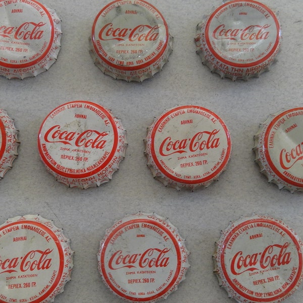 VINTAGE COCA COLA Bottle Caps, Lot 10 Greek Coca Cola Lids, Greek Soft Drink Bottle Caps, 10 Coca Cola Kronkorken, Fizzy Drink Bottle Caps