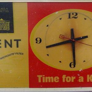 Vtg KENT CIGARETTES ILLUMINATED Wall Clock Sign U S A 1960&#39;s, Smoke Tobacco Shop Decor, Cigarette Store Big Advert Lighted Clock Sign 18x12&quot;