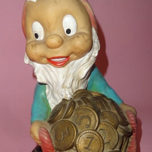 Vtg DWARF PIGGY BOX Penny Bank Toy 1960's, Old Collectible Rubber Dwarf Piggy Box Shaving Bank Toy, Old Penny Shaving Bank, Vtg Piggy Box