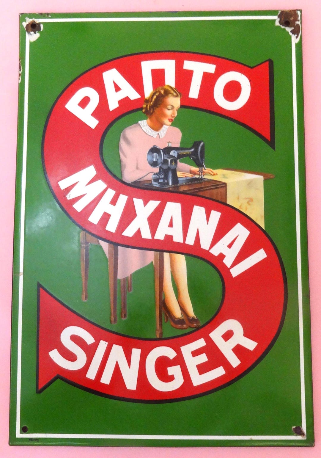 Singer Sewing Sign Vintage SINGER ENAMEL Sign 1950's, Original Greek Singer Sewing Machine ...