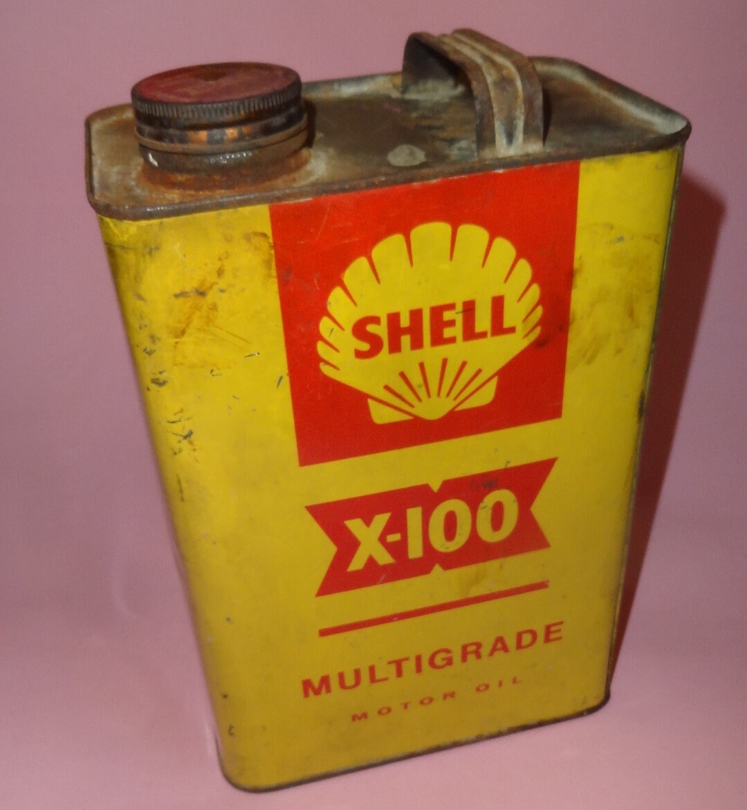 Vtg SHELL X100 MULTIGRADE Motor Oil Empty Tin Can 1970's, Old Shell