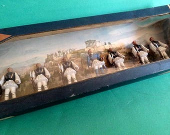 Vtg PAL AOHNA ATHENA Soldiers 7 Greek Parliament Eyzones in Box 1960&#39;s, Old Tsoliades Hellenic Palace Guards Boxed, Pal Eyzone Figures Mint