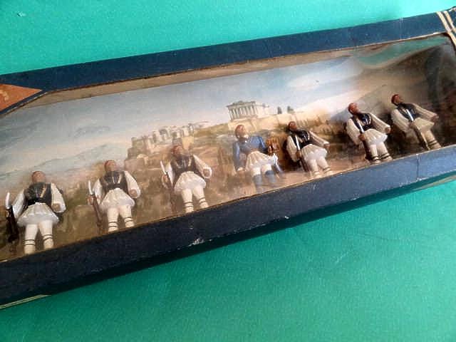 Vtg PAL AOHNA ATHENA Soldiers 7 Greek Parliament Eyzones in Box 1960's, Old Tsoliades Hellenic Palace Guards Boxed, Pal Eyzone Figures Mint