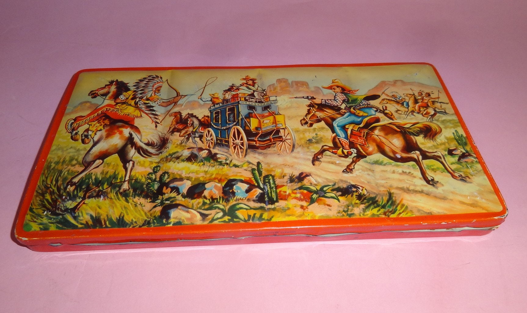 * vintage box ୨୧ お馬さんデザイン tin ボックス GERMAN WATERCOLOR CASE Tin Litho Box 1960's Indians & Cowboys