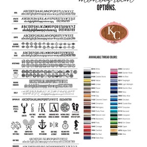 May include: A chart of monogram font styles with a variety of options for borders, styles, and icons. The chart also includes a list of available thread colours with colour swatches.