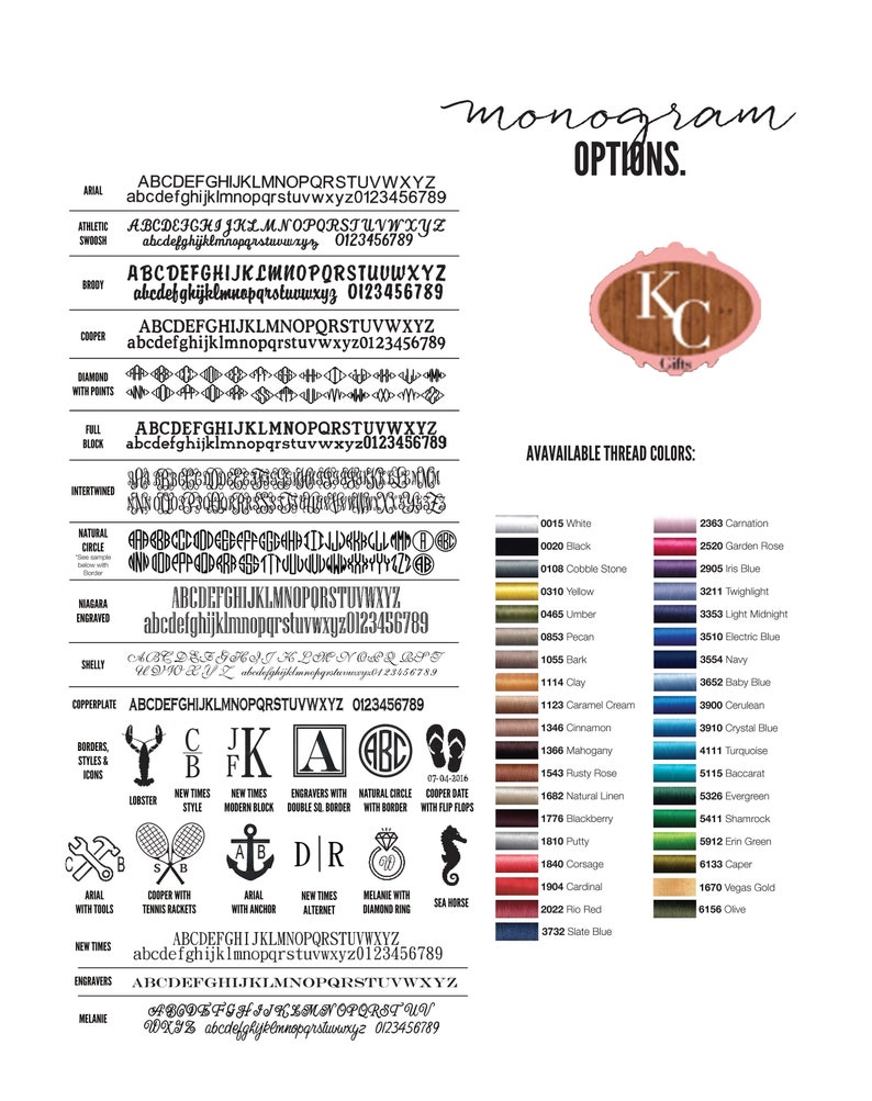 May include: A chart of monogram font styles with a variety of options for borders, styles, and icons. The chart also includes a list of available thread colours with colour swatches.