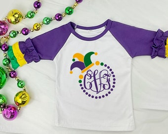 Mädchen Monogramm Mardi Gras Monogramm Rüschenärmel Raglan Shirt, Mardi Gras Shirt Kinder, Mardi Gras Baby Shirt, Kleinkind Mardi Gras Parade Shirt