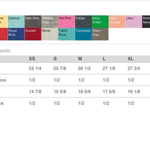 May include: A chart showing finished measurements for a t-shirt in sizes XS to 3XL. The measurements are listed in inches and include body length, body length tolerance, body width, and body width tolerance.