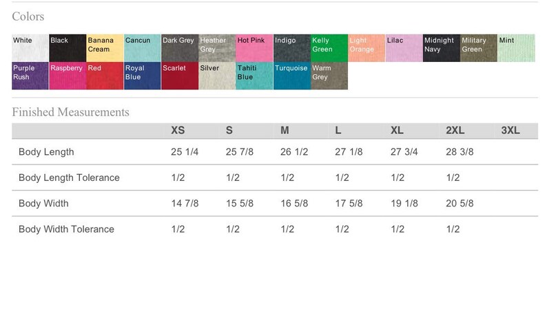 May include: A chart showing finished measurements for a t-shirt in sizes XS to 3XL. The measurements are listed in inches and include body length, body length tolerance, body width, and body width tolerance.
