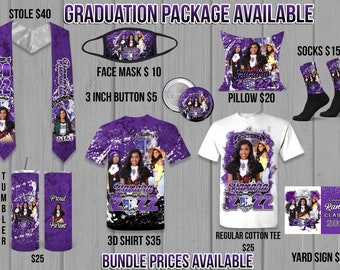 May include: A graduation package featuring a purple and white stole, face mask, button, pillow, socks, tumbler, 3D shirt, regular cotton tee, and yard sign. The items display a photo of a graduate and the text "Ranara Class of 2022".