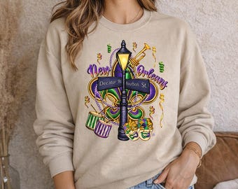 New Orleans Mardi Gras Sweatshirt, Bourbon Street Decatur Street Crewneck, Mardi Gras Festival Shirt, NOLA Carnival Pullover